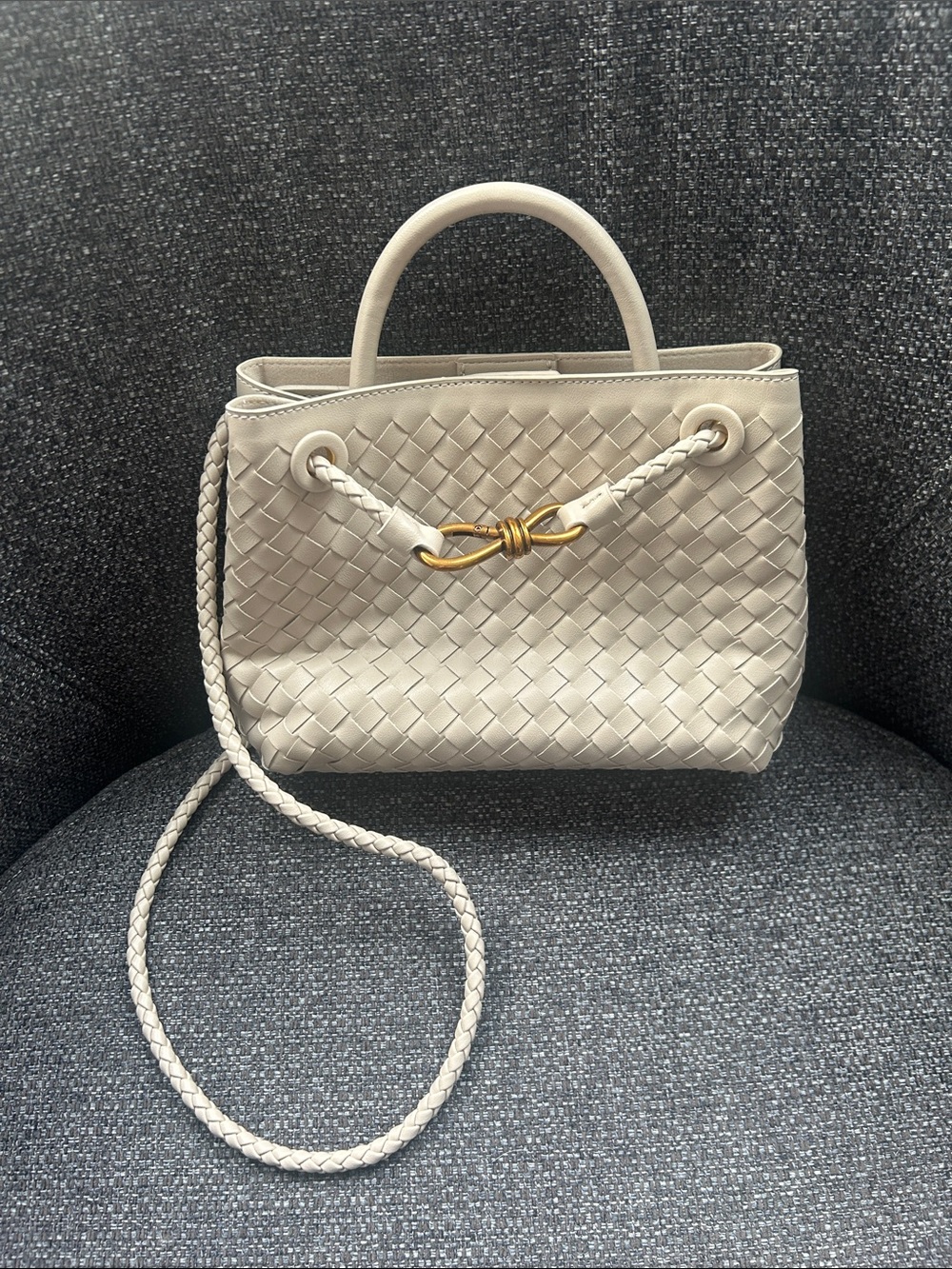 Woven Pleather Tote with Gold Knot Accent - Cream - Picture 2 of 7